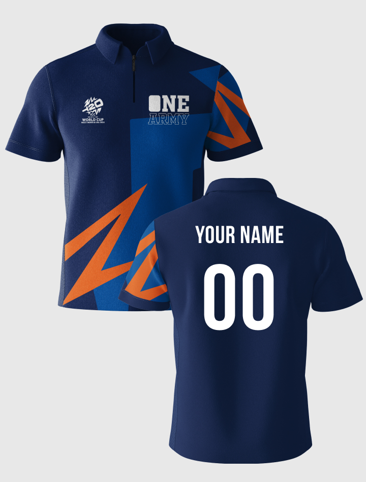 India ICC Men's T20 WC-24 Navy Blue Graphic Printed Half Sleeves Polo Collar Polyester T-Shirt - Customised (2)