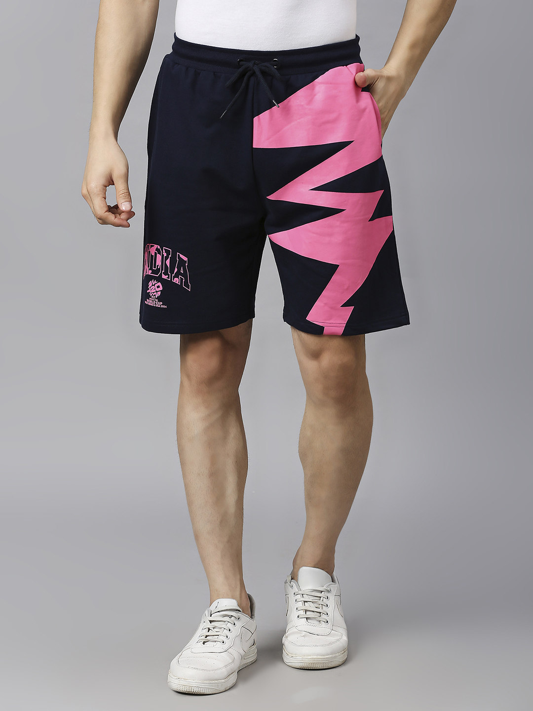India ICC Men's T20 WC-24 Navy Blue Graphic Printed Mid-Rise Regular Fit Sports Shorts (3)