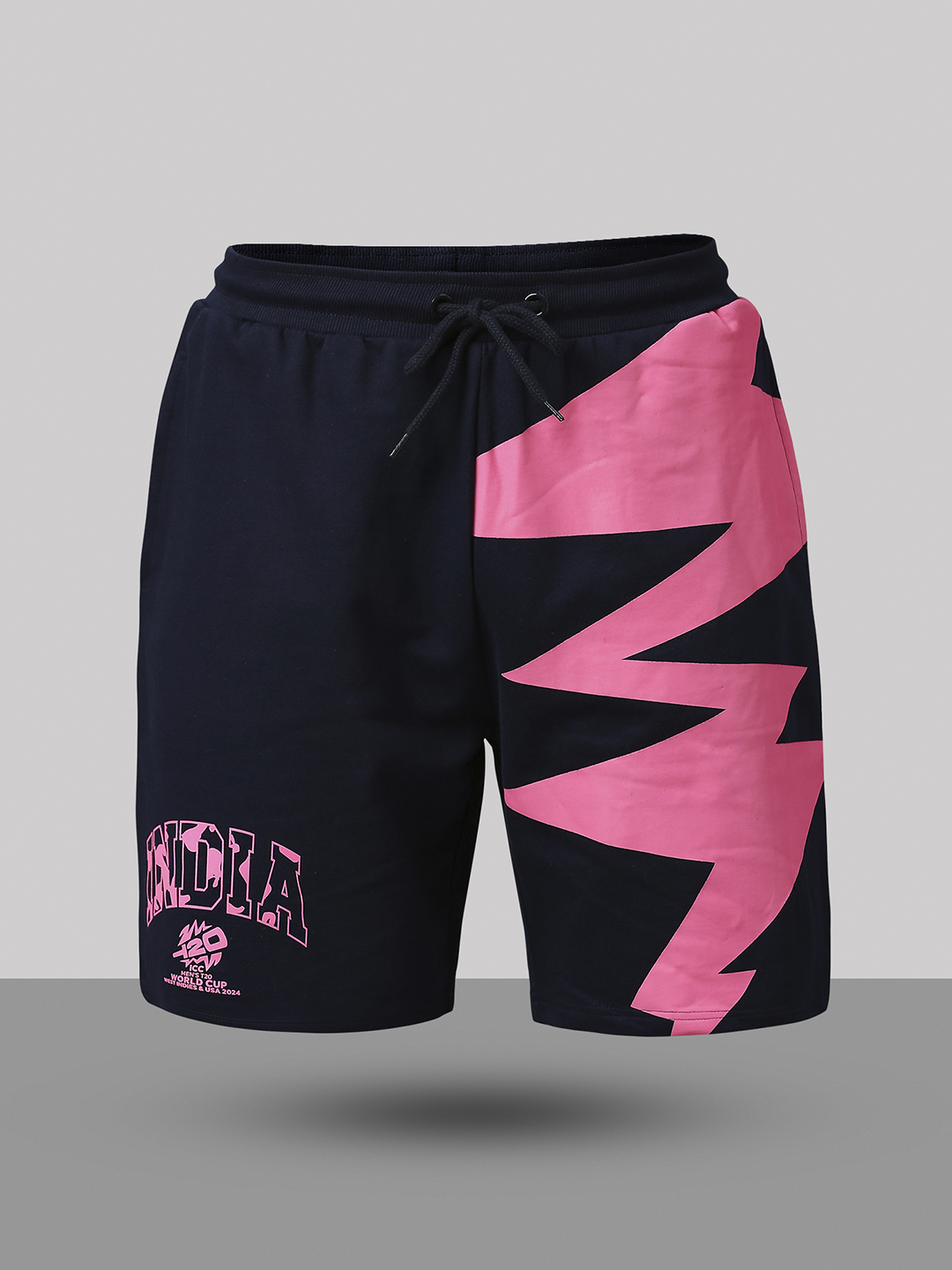 India ICC Men's T20 WC-24 Navy Blue Graphic Printed Mid-Rise Regular Fit Sports Shorts (9)