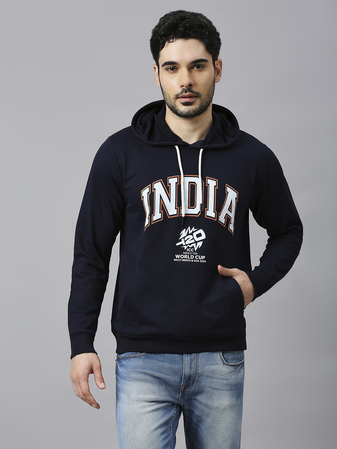 ICC Men's T20 WC-24 Navy Blue Logo Printed Full Sleeves Hooded Sweatshirt