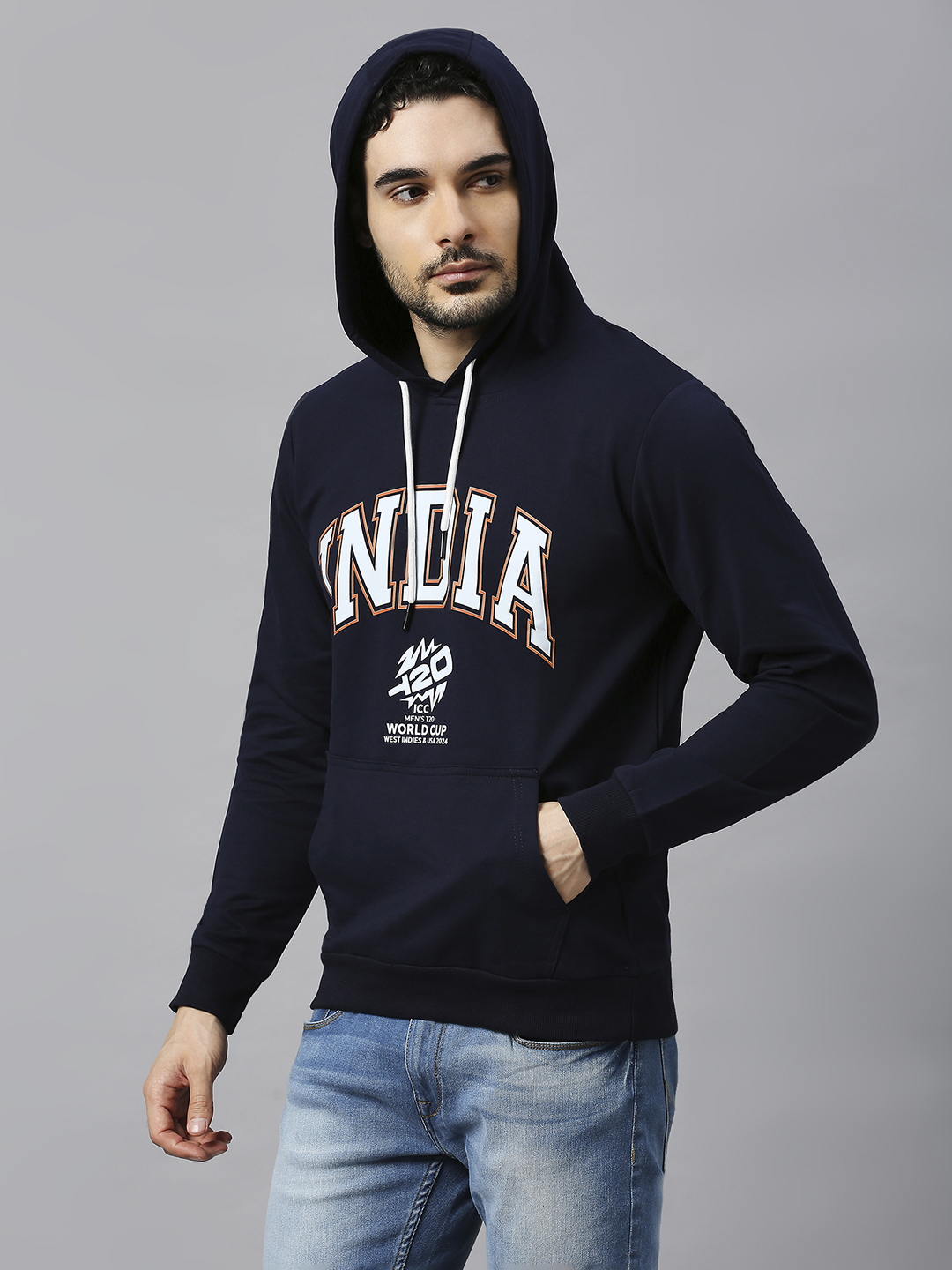India ICC Men's T20 WC-24 Navy Blue Logo Printed Full Sleeves Hooded Sweatshirt (3)