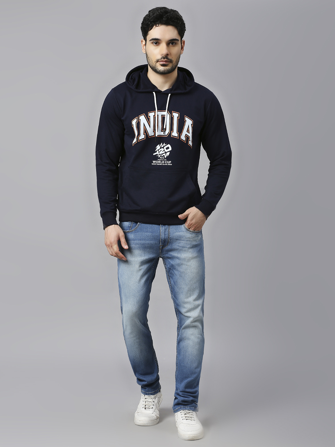 India ICC Men's T20 WC-24 Navy Blue Logo Printed Full Sleeves Hooded Sweatshirt (6)
