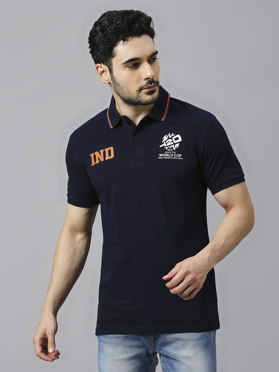 ICC Men's T20 WC-24 Navy Blue Logo Printed Half Sleeves Polo Collar Cotton T-Shirt