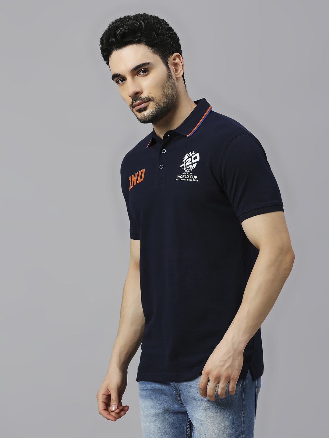 India ICC Men's T20 WC-24 Navy Blue Logo Printed Half Sleeves Polo Collar Cotton T-Shirt (2)