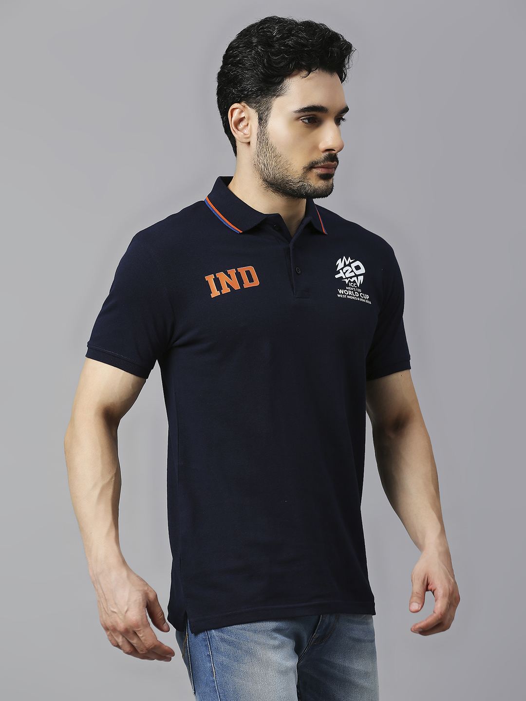 India ICC Men's T20 WC-24 Navy Blue Logo Printed Half Sleeves Polo Collar Cotton T-Shirt (3)
