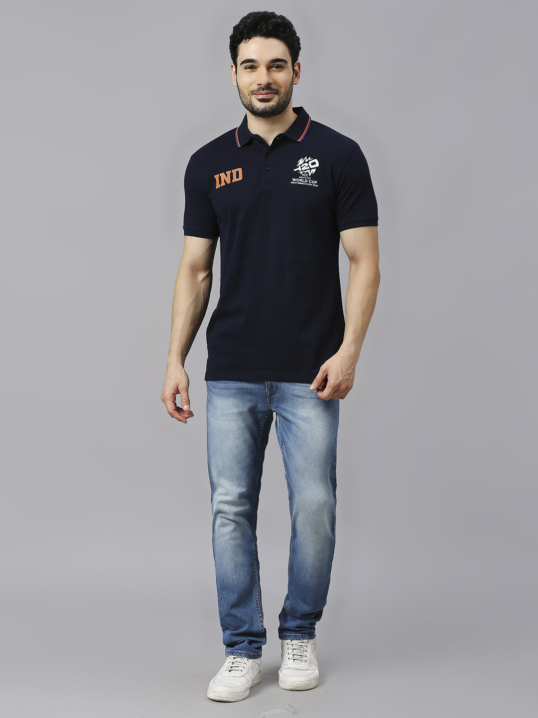 India ICC Men's T20 WC-24 Navy Blue Logo Printed Half Sleeves Polo Collar Cotton T-Shirt (5)