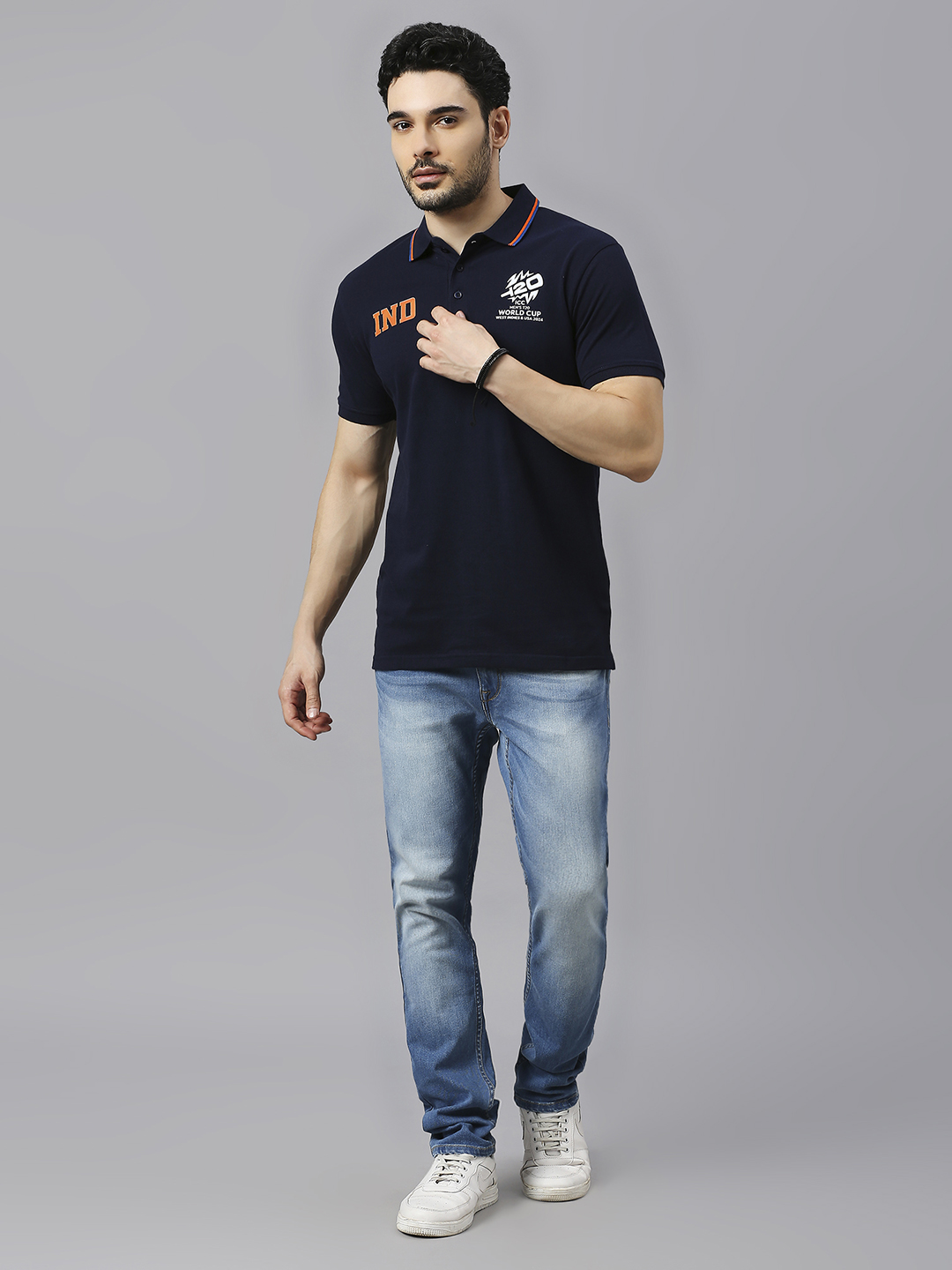 India ICC Men's T20 WC-24 Navy Blue Logo Printed Half Sleeves Polo Collar Cotton T-Shirt (6)