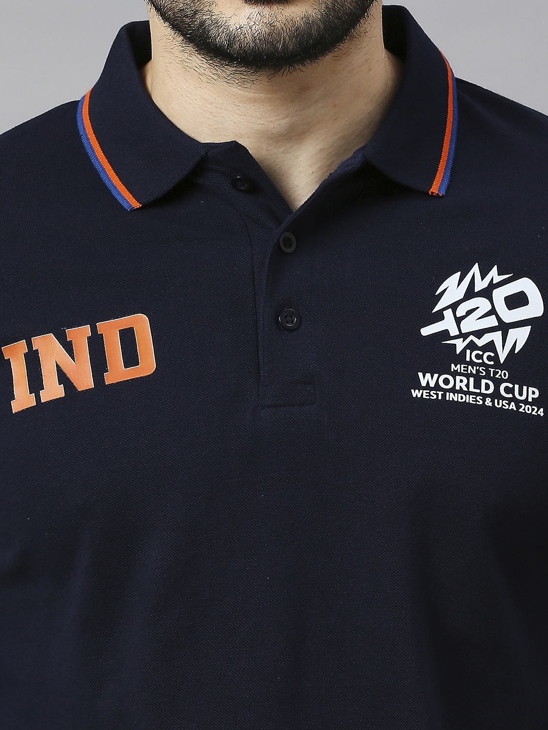 India ICC Men's T20 WC-24 Navy Blue Logo Printed Half Sleeves Polo Collar Cotton T-Shirt (7)