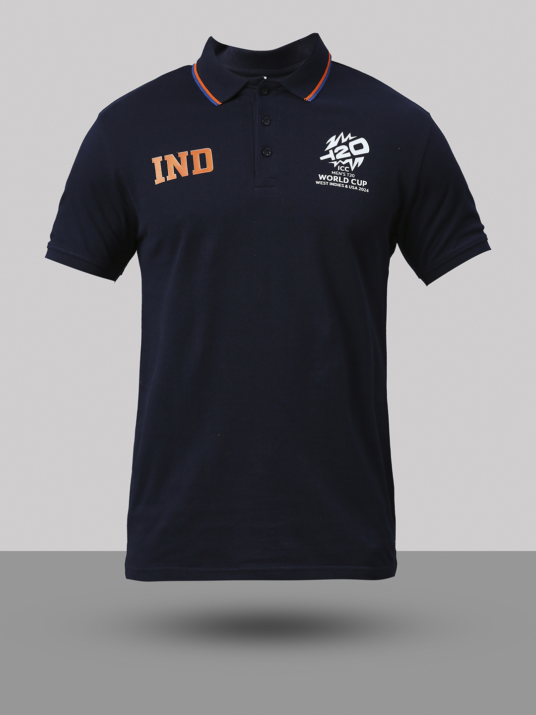 India ICC Men's T20 WC-24 Navy Blue Logo Printed Half Sleeves Polo Collar Cotton T-Shirt (8)