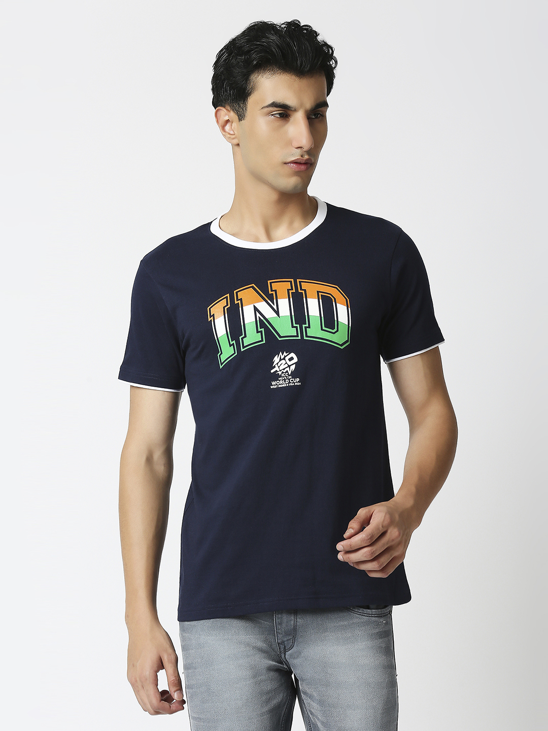 India ICC Men's T20 WC-24 Navy Blue Printed Half Sleeves Round Neck Tri-Color Cotton T-Shirt (1)