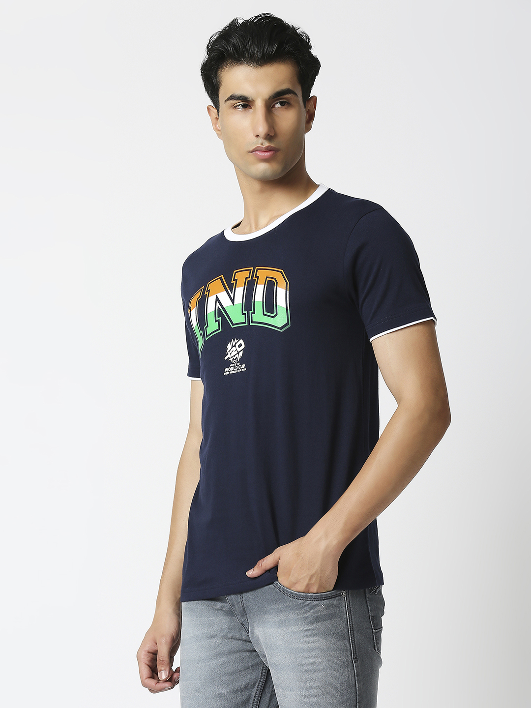 India ICC Men's T20 WC-24 Navy Blue Printed Half Sleeves Round Neck Tri-Color Cotton T-Shirt (2)
