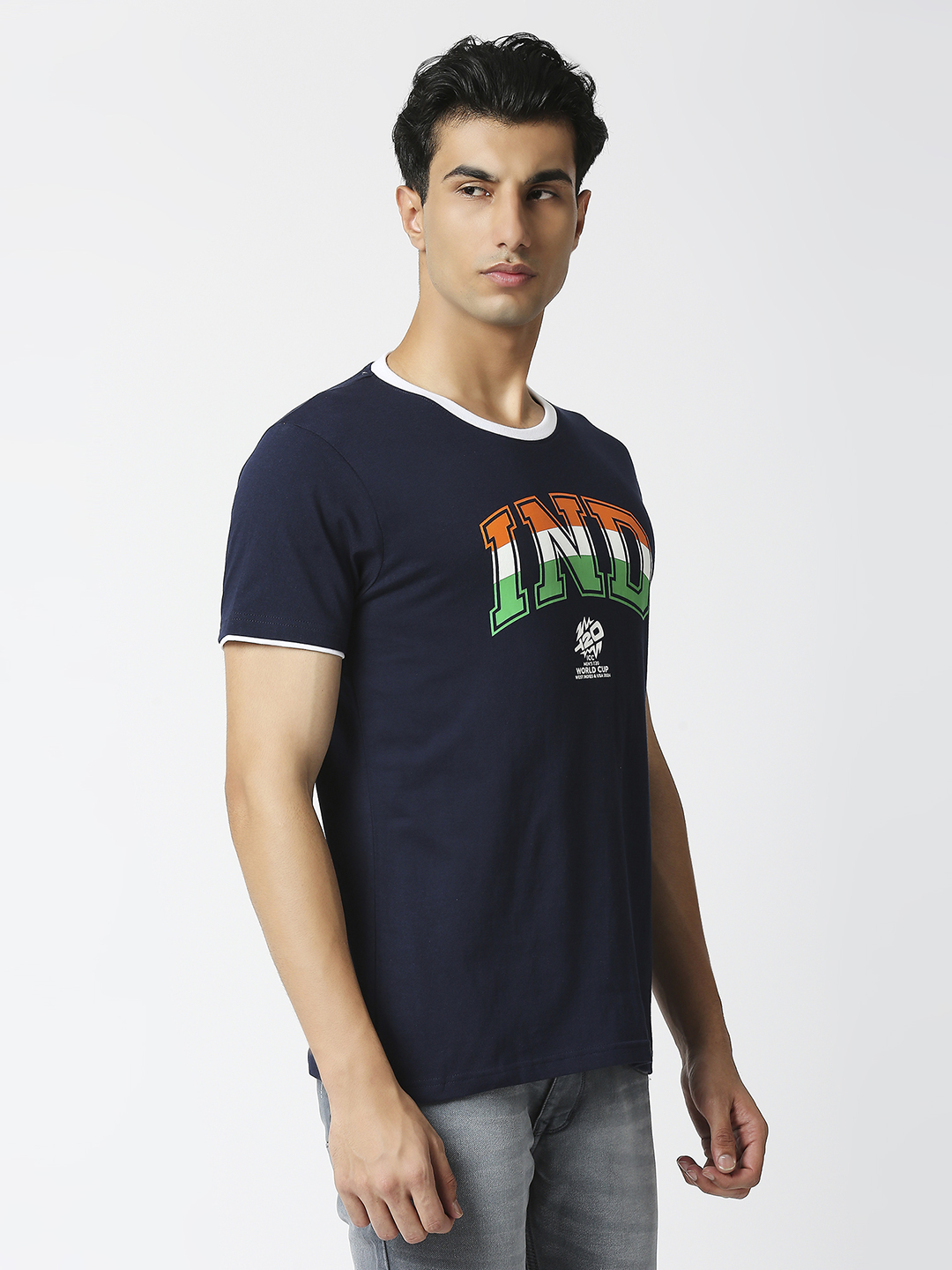 India ICC Men's T20 WC-24 Navy Blue Printed Half Sleeves Round Neck Tri-Color Cotton T-Shirt (3)