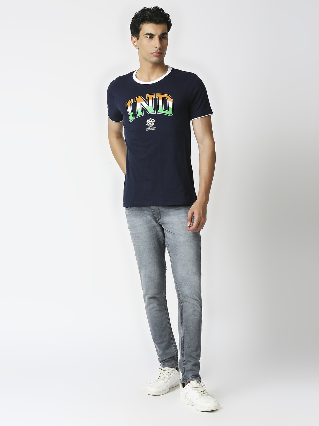 India ICC Men's T20 WC-24 Navy Blue Printed Half Sleeves Round Neck Tri-Color Cotton T-Shirt (5)