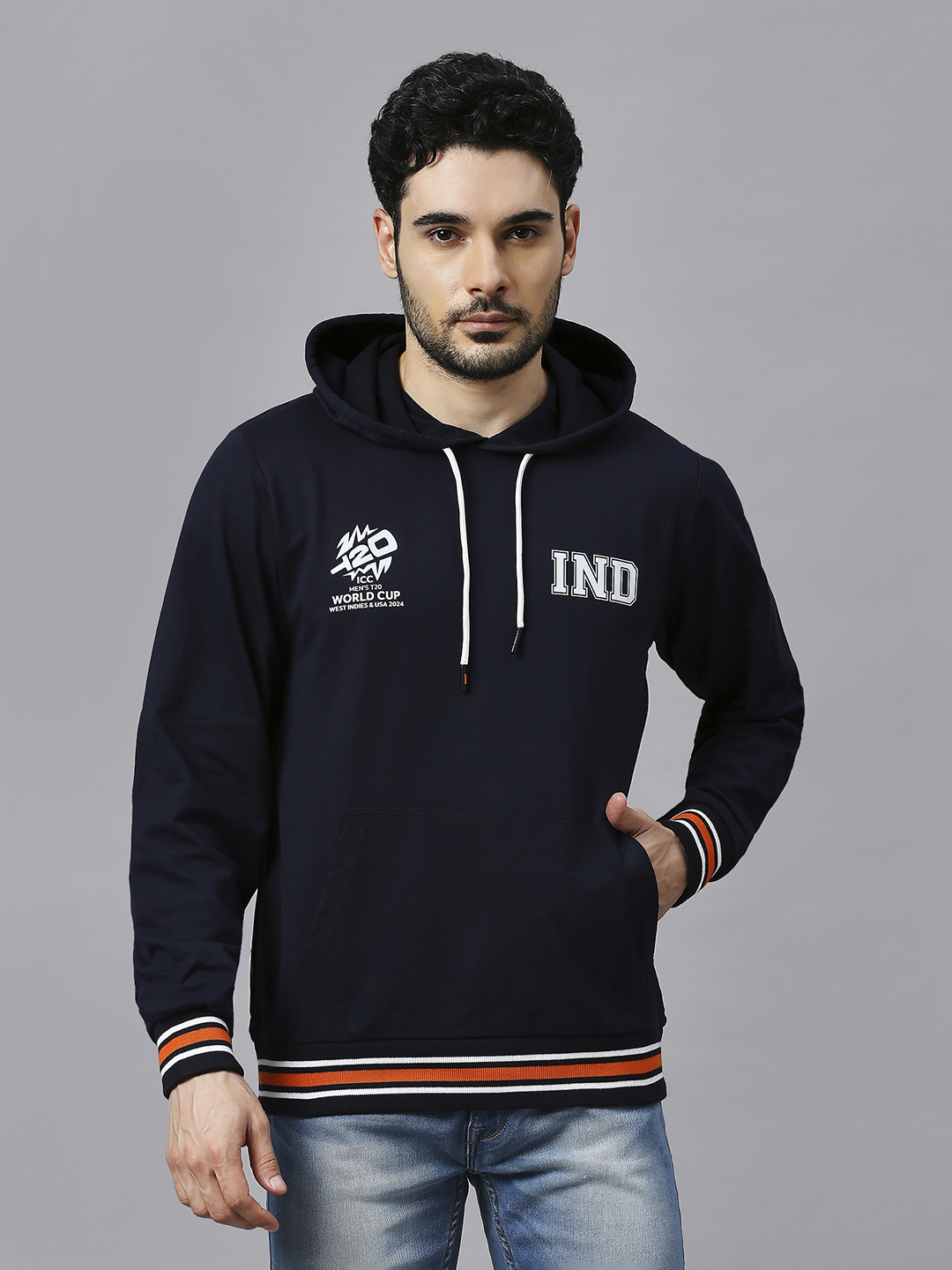 ICC Men's T20 WC-24 Navy Blue Solid Full Sleeves Hooded Sweatshirt