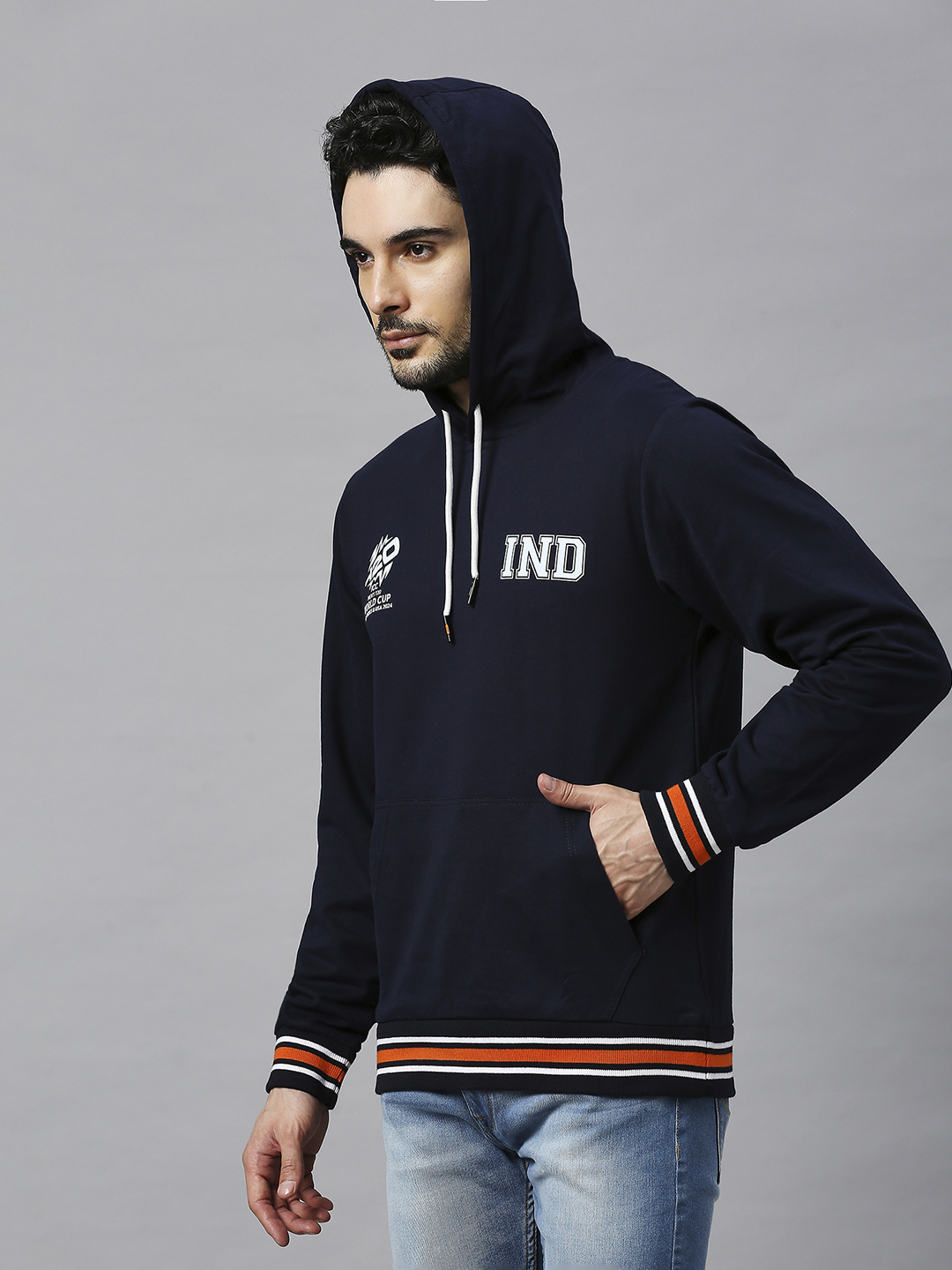 India ICC Men's T20 WC-24 Navy Blue Solid Full Sleeves Hooded Sweatshirt (2)