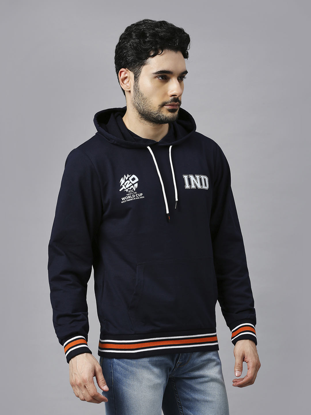 India ICC Men's T20 WC-24 Navy Blue Solid Full Sleeves Hooded Sweatshirt (3)