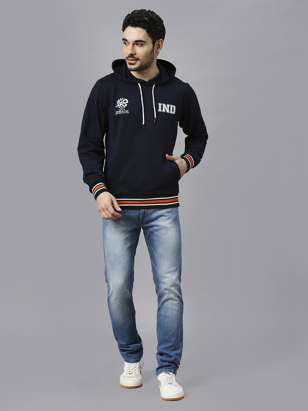 India ICC Men's T20 WC-24 Navy Blue Solid Full Sleeves Hooded Sweatshirt (5)