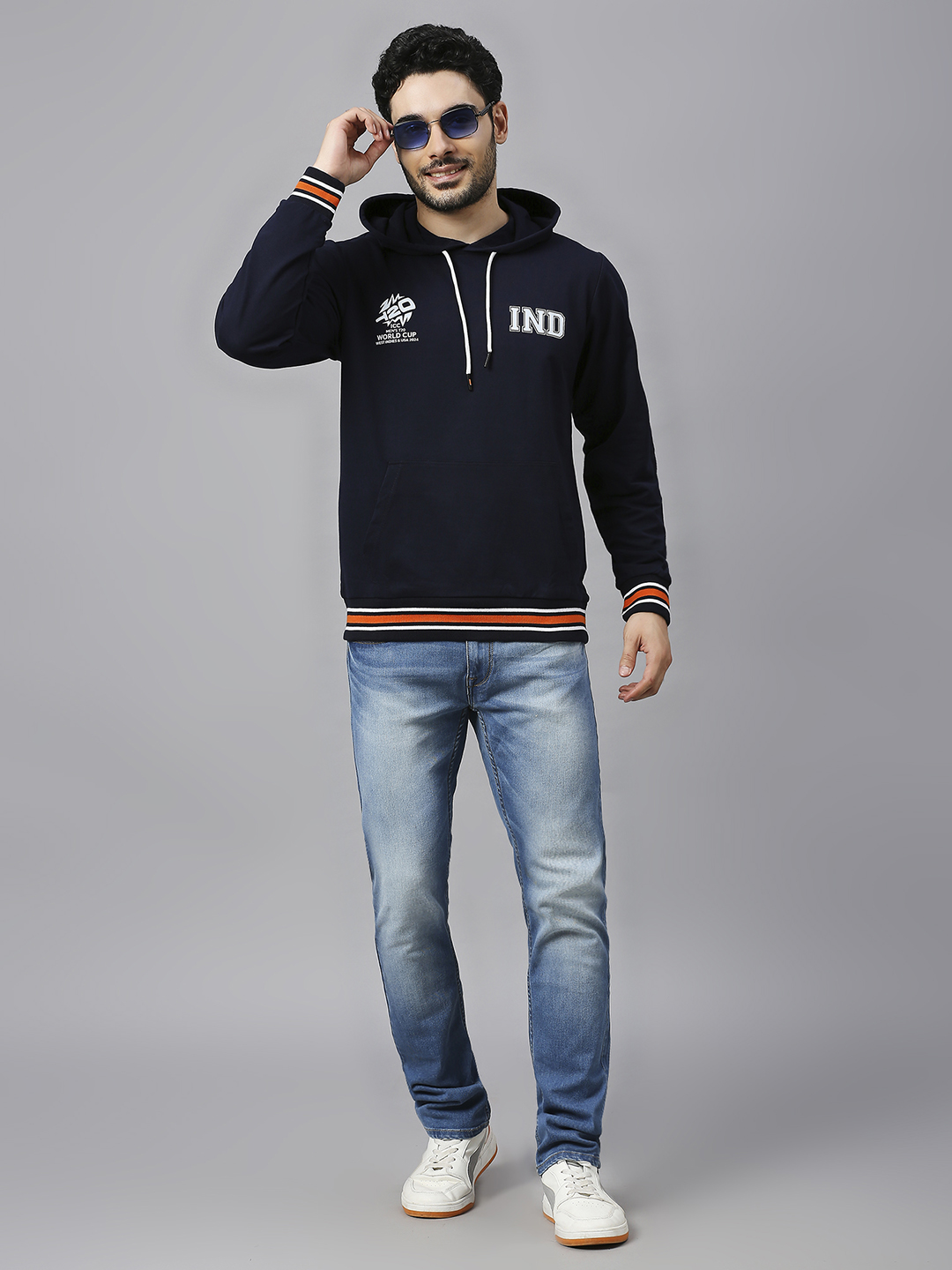 India ICC Men's T20 WC-24 Navy Blue Solid Full Sleeves Hooded Sweatshirt (6)