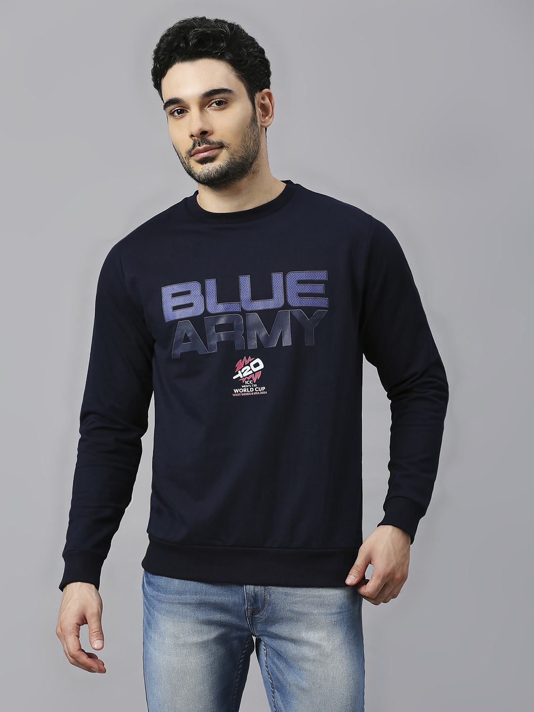 ICC Men's T20 WC-24 Navy Blue Typography Printed Full Sleeves Round Neck Sweatshirt 