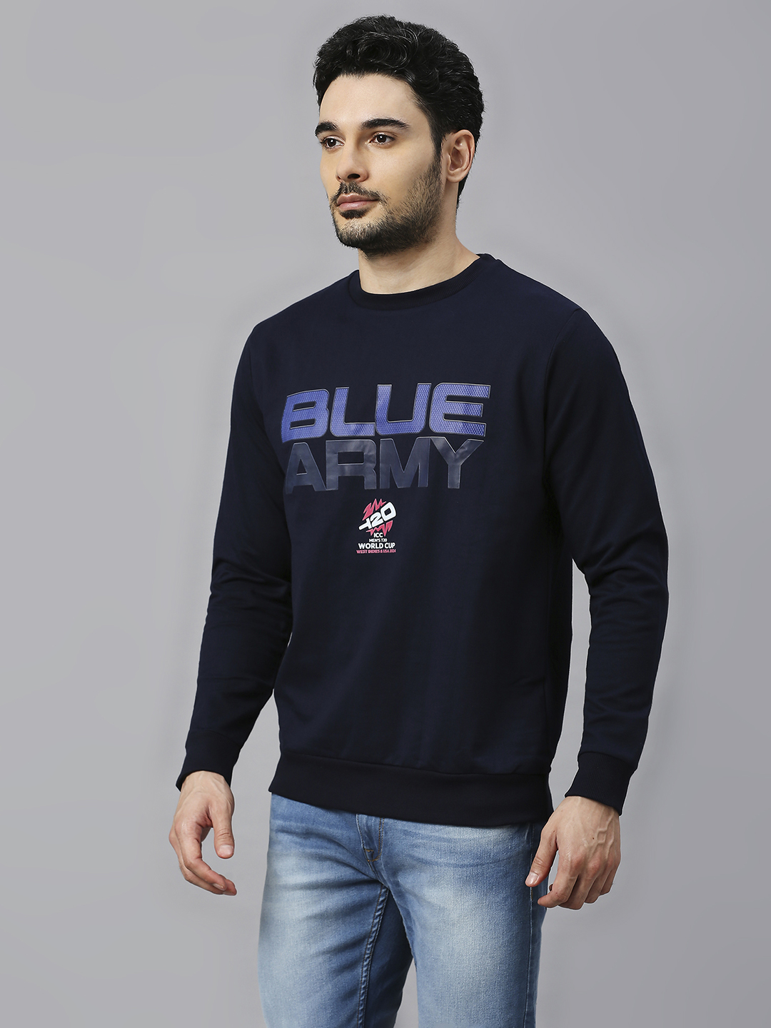 India ICC Men's T20 WC-24 Navy Blue Typography Printed Full Sleeves Round Neck Sweatshirt  (2)