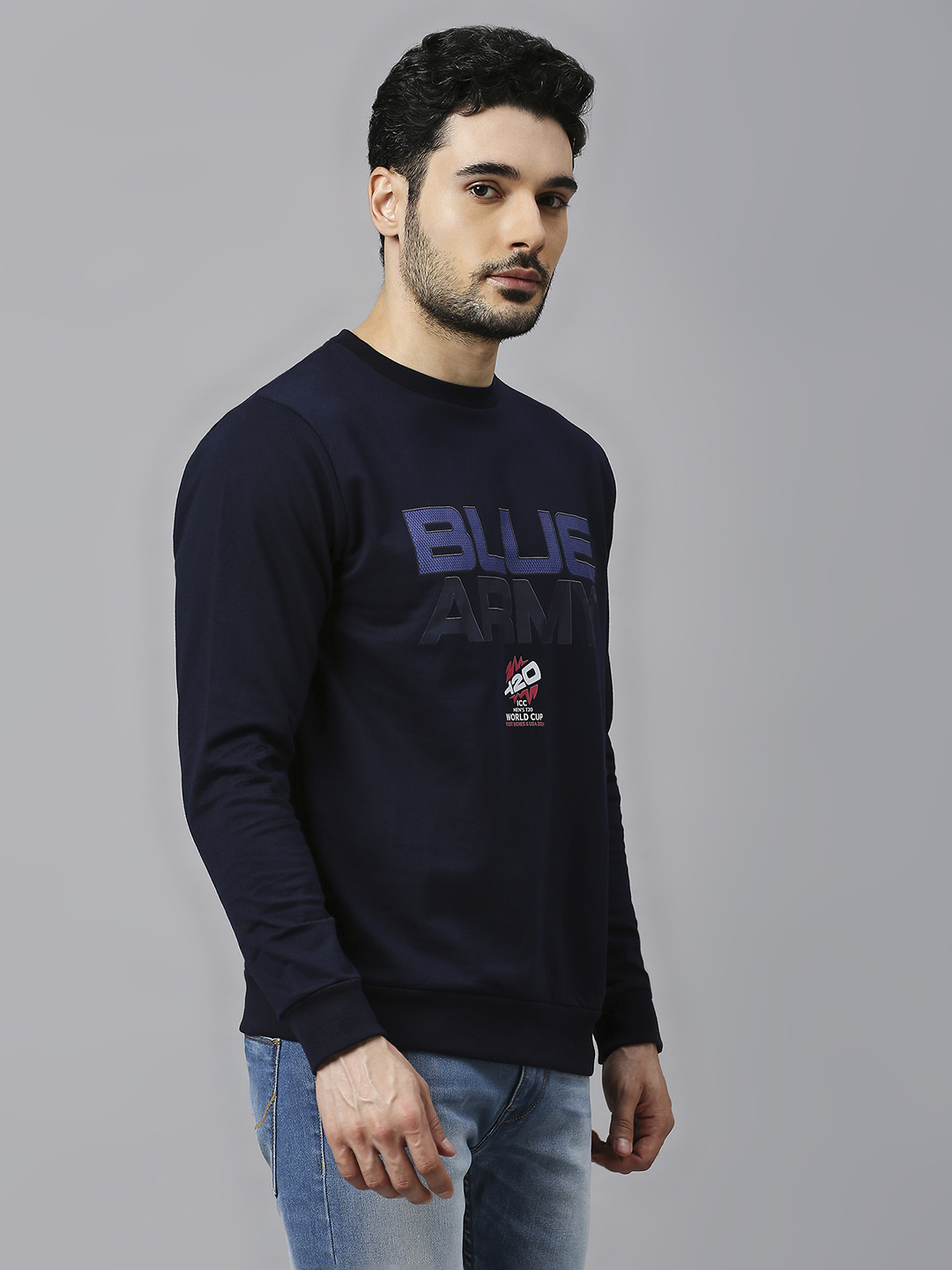 India ICC Men's T20 WC-24 Navy Blue Typography Printed Full Sleeves Round Neck Sweatshirt  (3)