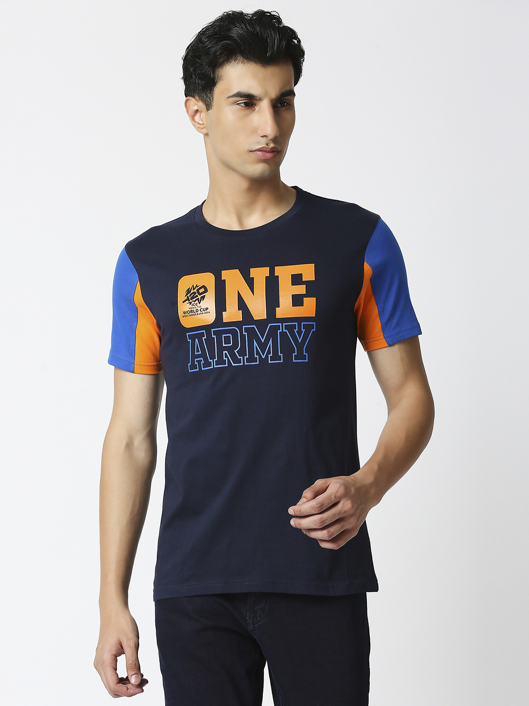 ICC Men's T20 WC-24 Navy Blue Typography Printed Half Sleeves Round Neck Cotton T-Shirt