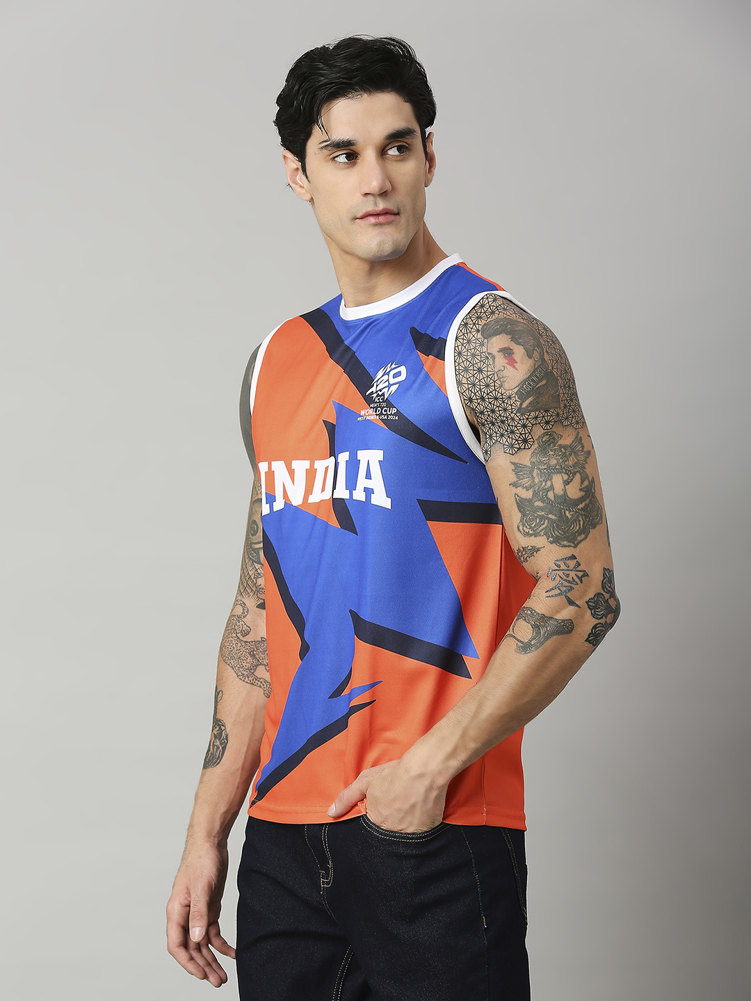 India ICC Men's T20 WC-24 Orange and Blue Printed Sleeveless Round Neck Polyester Sports Vest (3)