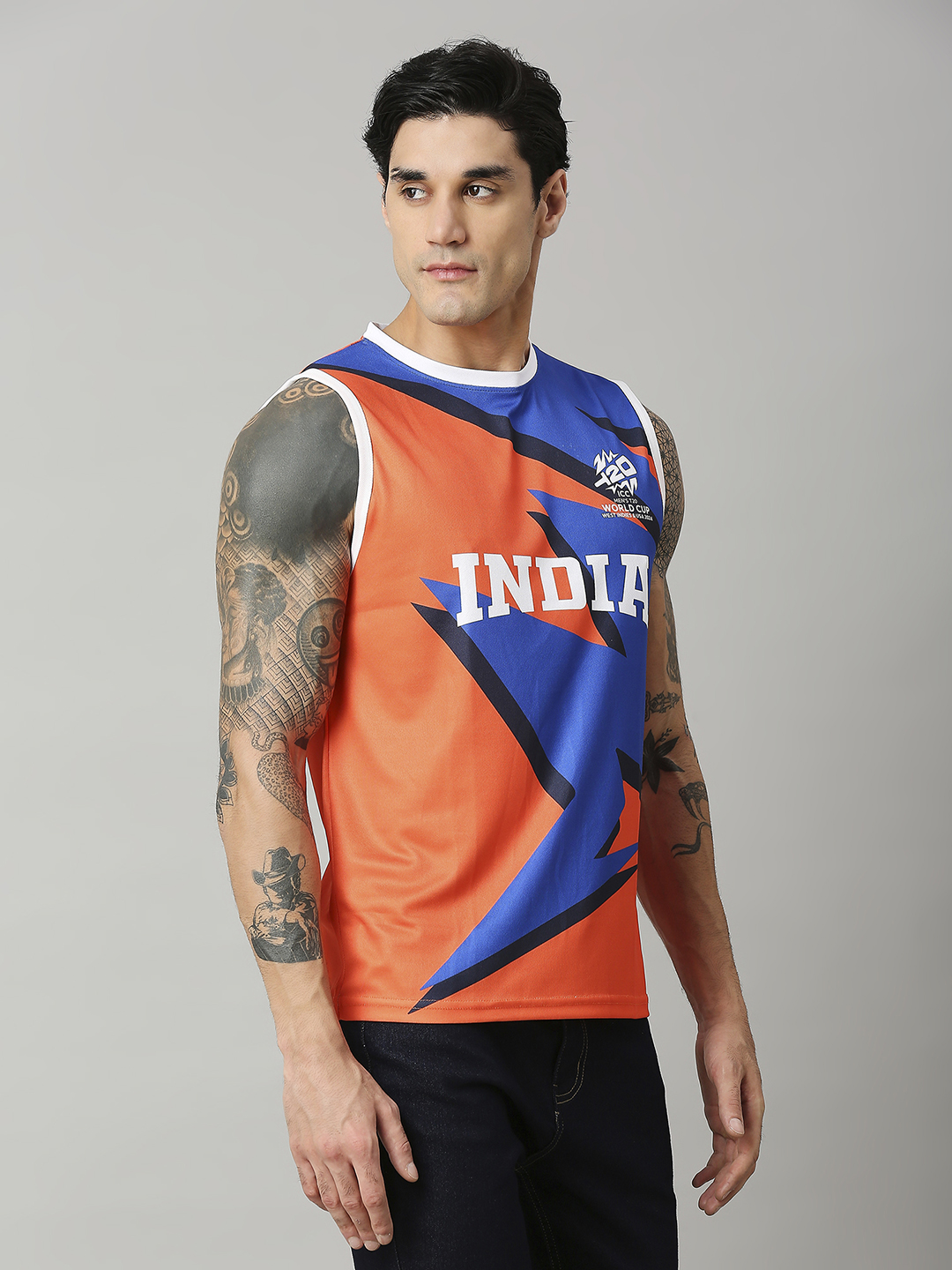 India ICC Men's T20 WC-24 Orange and Blue Printed Sleeveless Round Neck Polyester Sports Vest (5)
