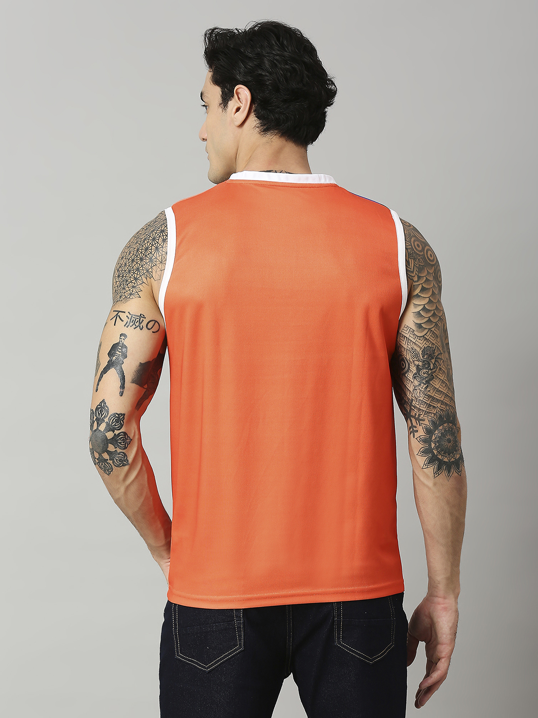India ICC Men's T20 WC-24 Orange and Blue Printed Sleeveless Round Neck Polyester Sports Vest (7)