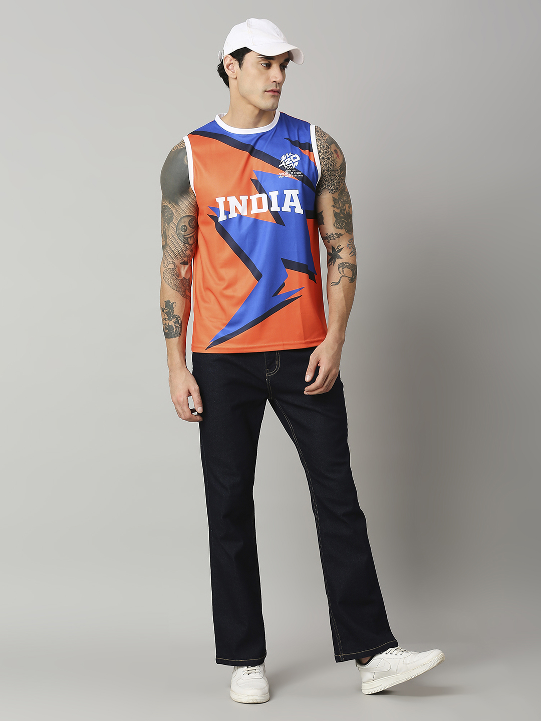 India ICC Men's T20 WC-24 Orange and Blue Printed Sleeveless Round Neck Polyester Sports Vest (8)