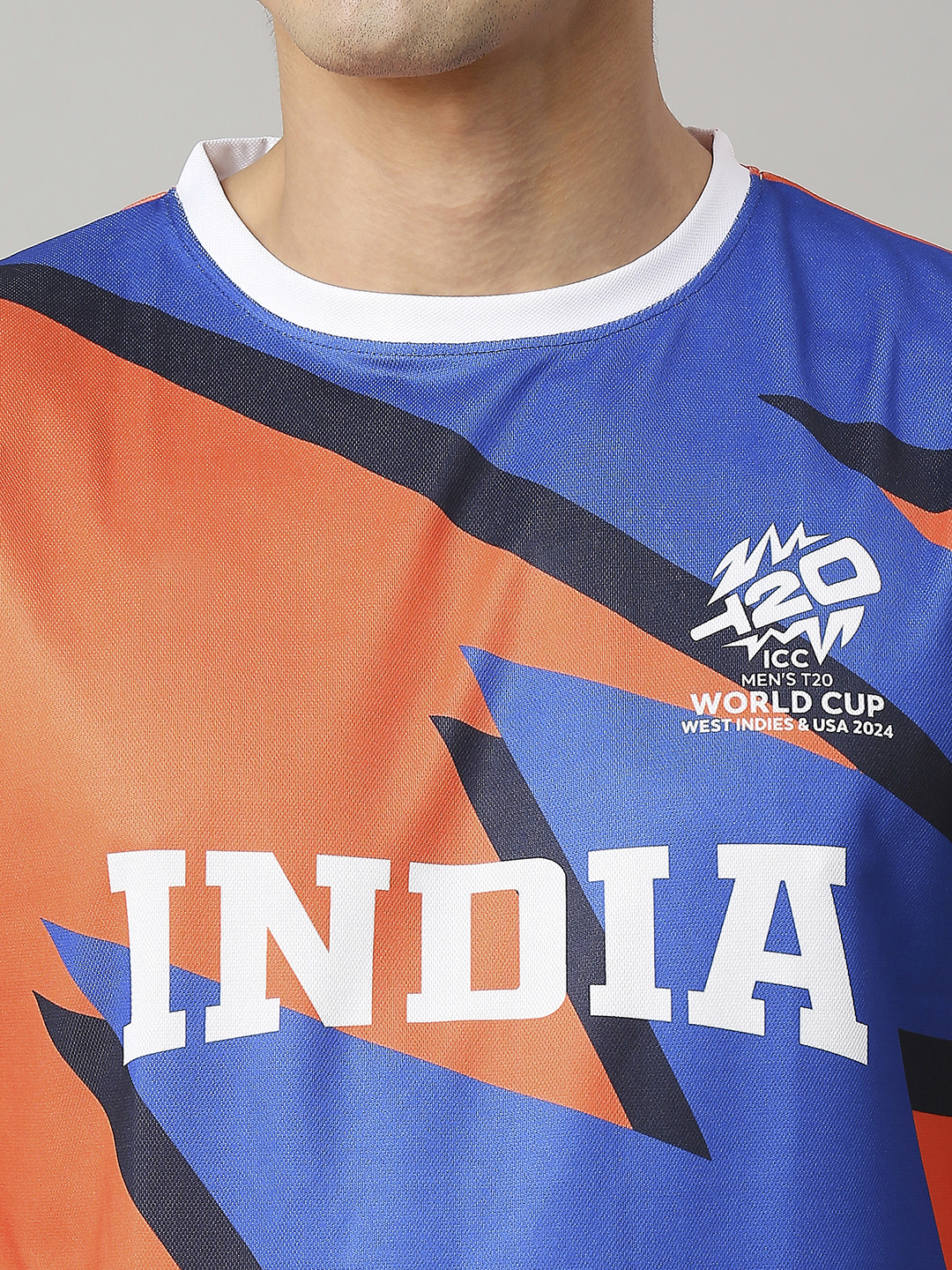 India ICC Men's T20 WC-24 Orange and Blue Printed Sleeveless Round Neck Polyester Sports Vest (9)