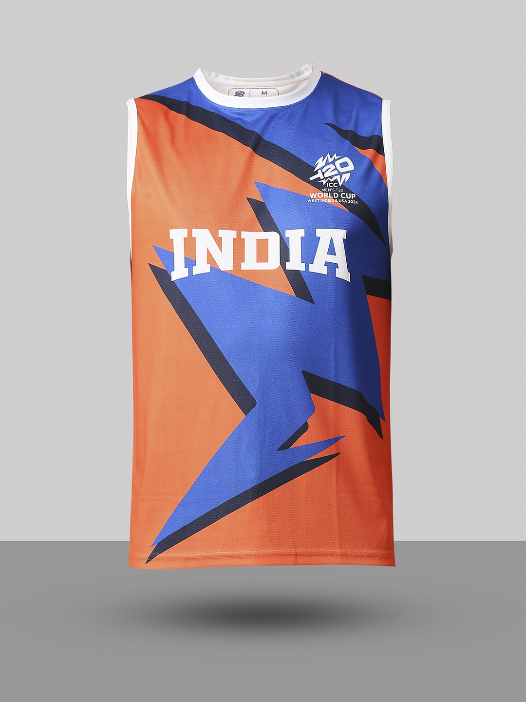 India ICC Men's T20 WC-24 Orange and Blue Printed Sleeveless Round Neck Polyester Sports Vest (4)