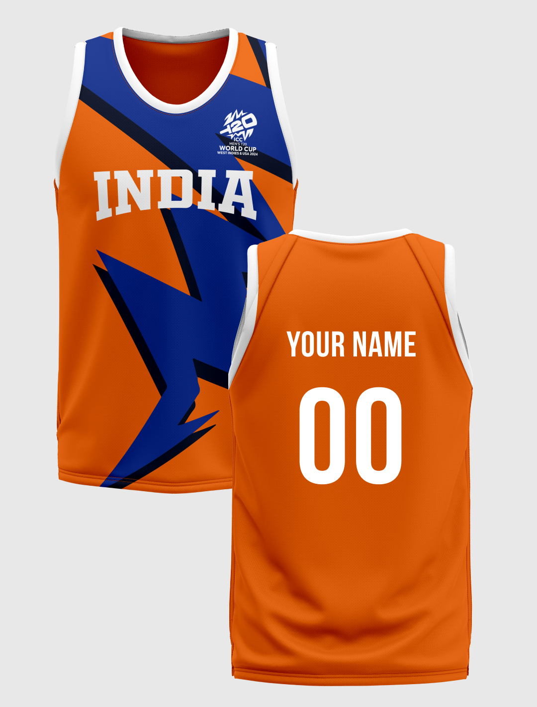 India ICC Men's T20 WC-24 Orange and Blue Printed Sleeveless Round Neck Polyester Sports Vest - Customised (2)