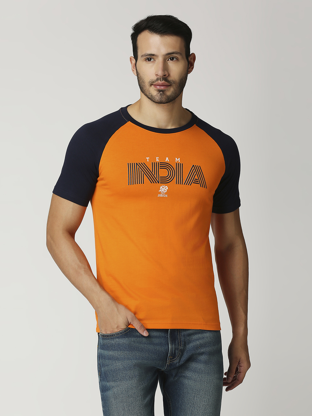 India ICC Men's T20 WC-24 Orange and Navy Blue Half Sleeves Round Neck Team India Cotton T-Shirt (1)