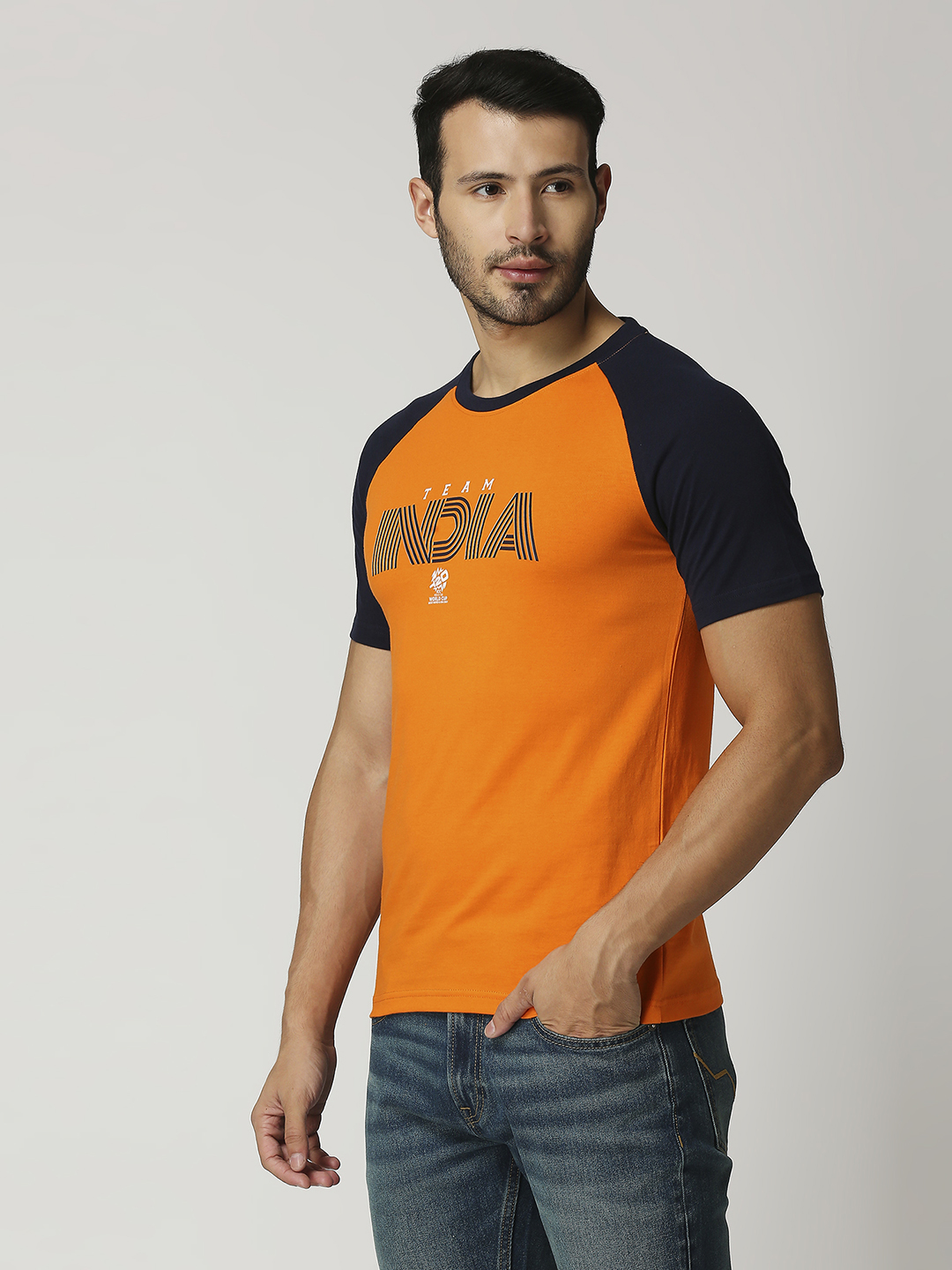 India ICC Men's T20 WC-24 Orange and Navy Blue Half Sleeves Round Neck Team India Cotton T-Shirt (2)
