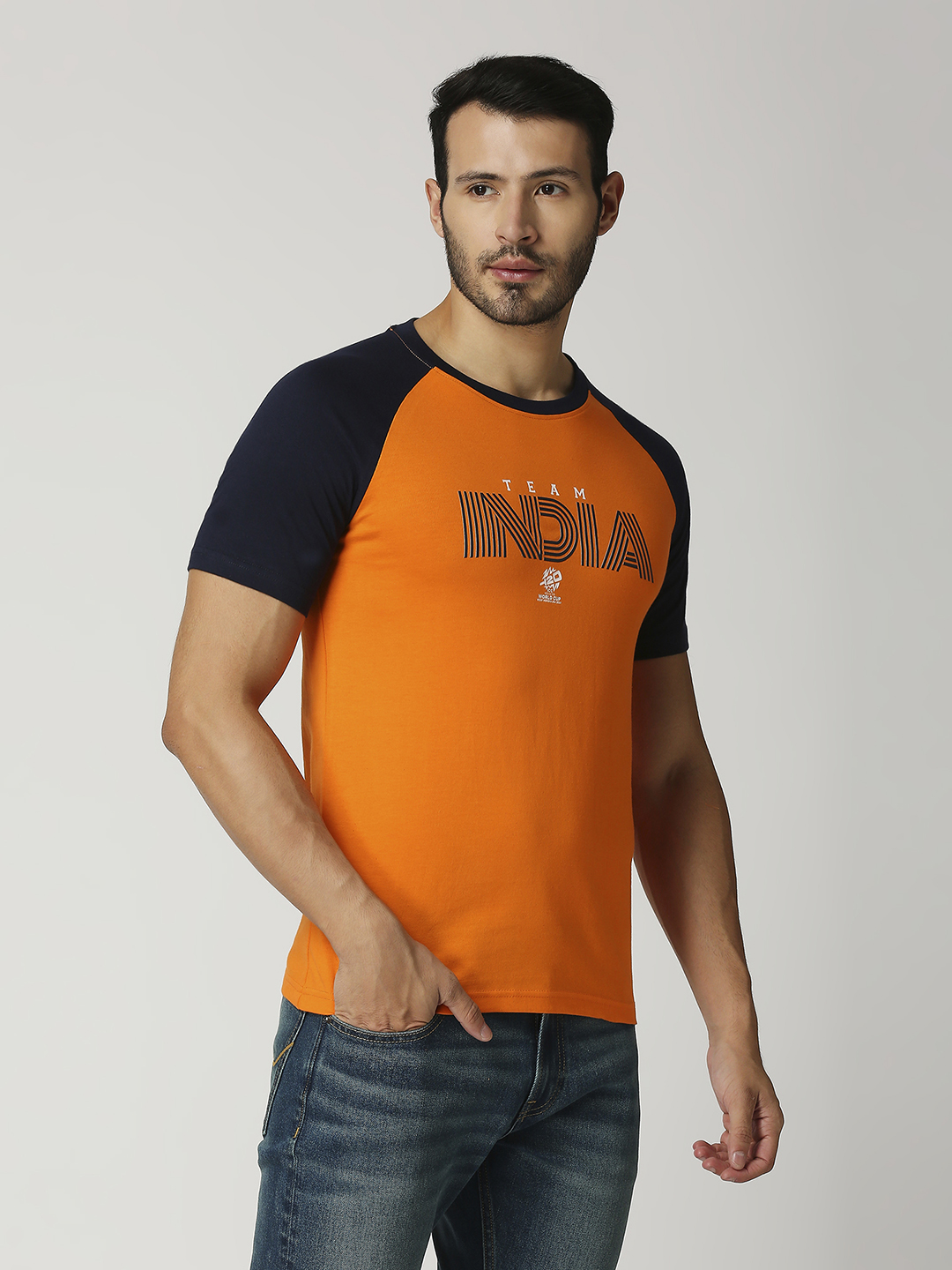 India ICC Men's T20 WC-24 Orange and Navy Blue Half Sleeves Round Neck Team India Cotton T-Shirt (3)