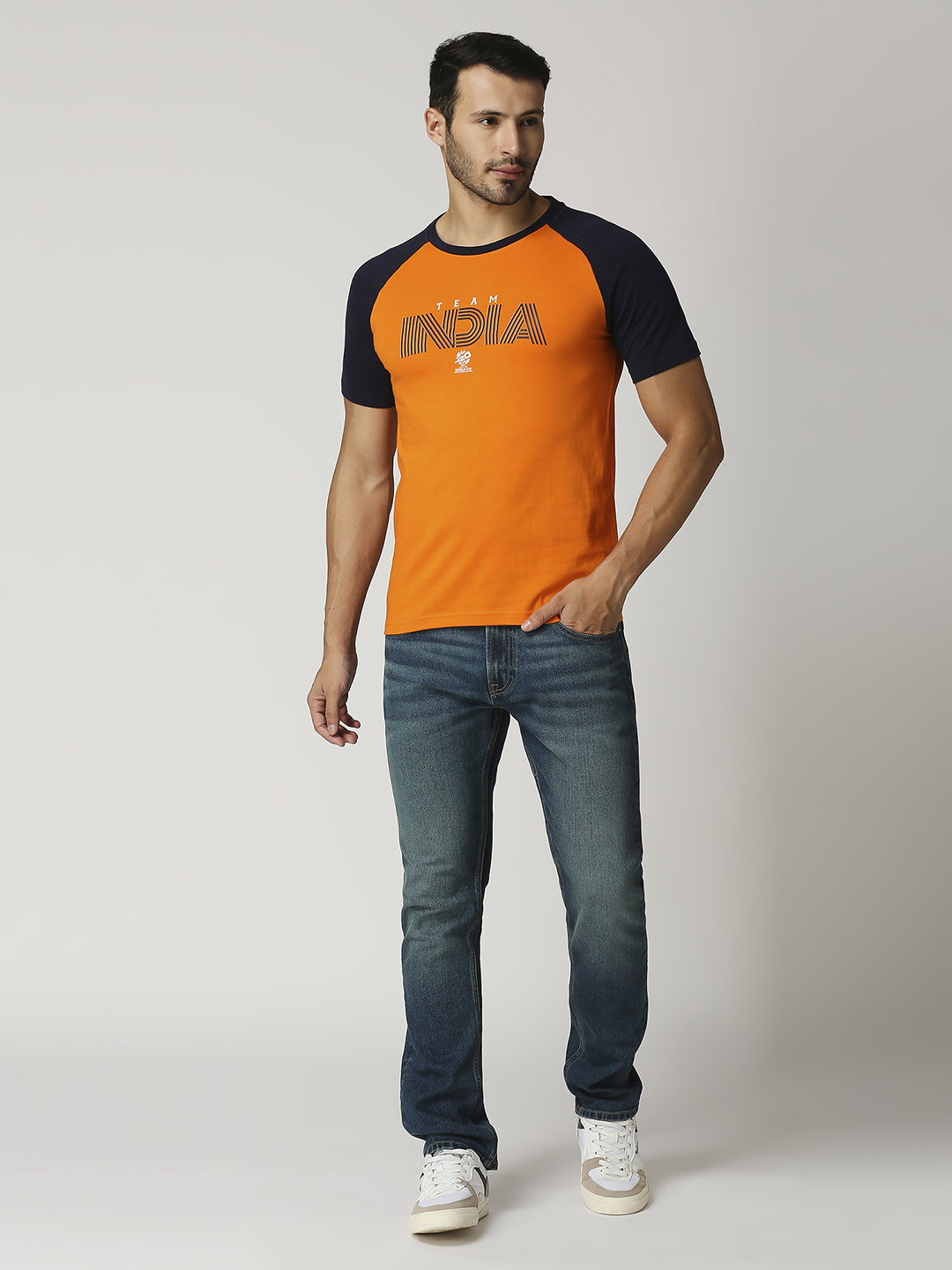India ICC Men's T20 WC-24 Orange and Navy Blue Half Sleeves Round Neck Team India Cotton T-Shirt (5)
