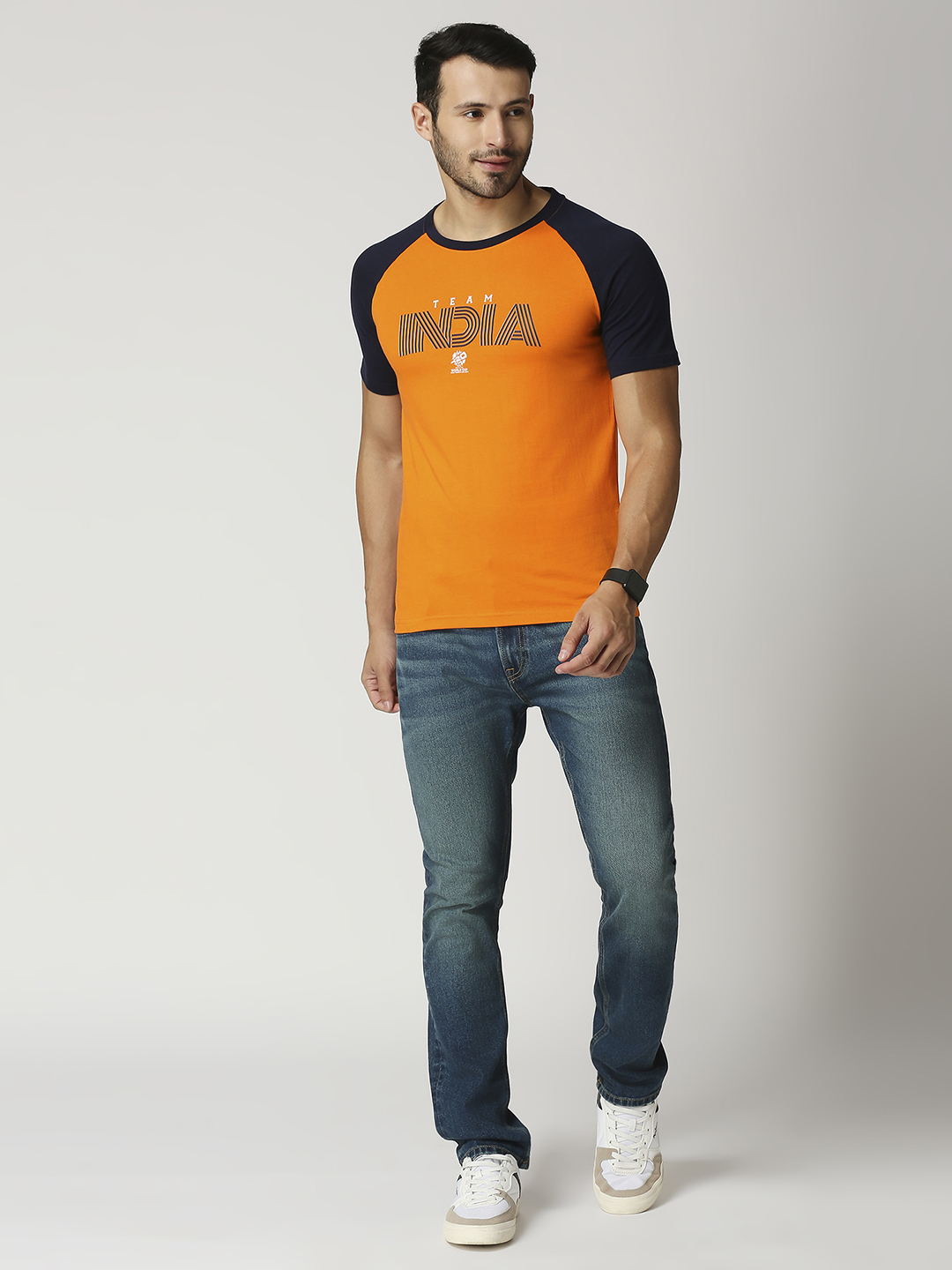 India ICC Men's T20 WC-24 Orange and Navy Blue Half Sleeves Round Neck Team India Cotton T-Shirt (6)