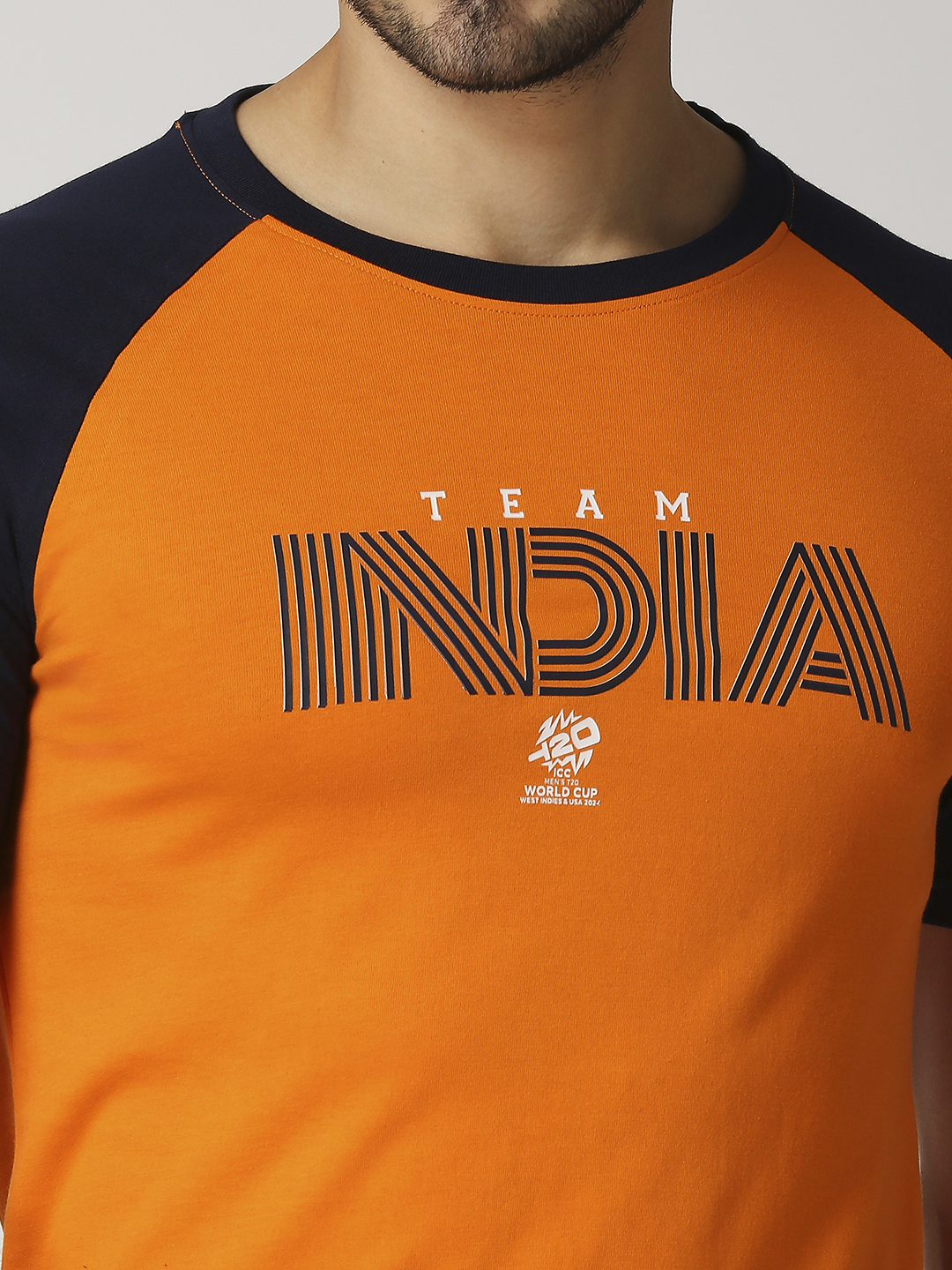 India ICC Men's T20 WC-24 Orange and Navy Blue Half Sleeves Round Neck Team India Cotton T-Shirt (10)