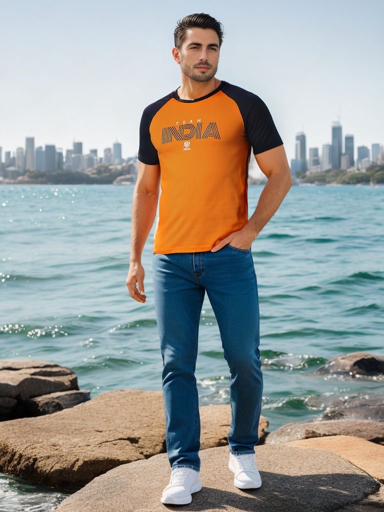 ICC Men's T20 WC-24 Orange and Navy Blue Half Sleeves Round Neck Team India Cotton T-Shirt