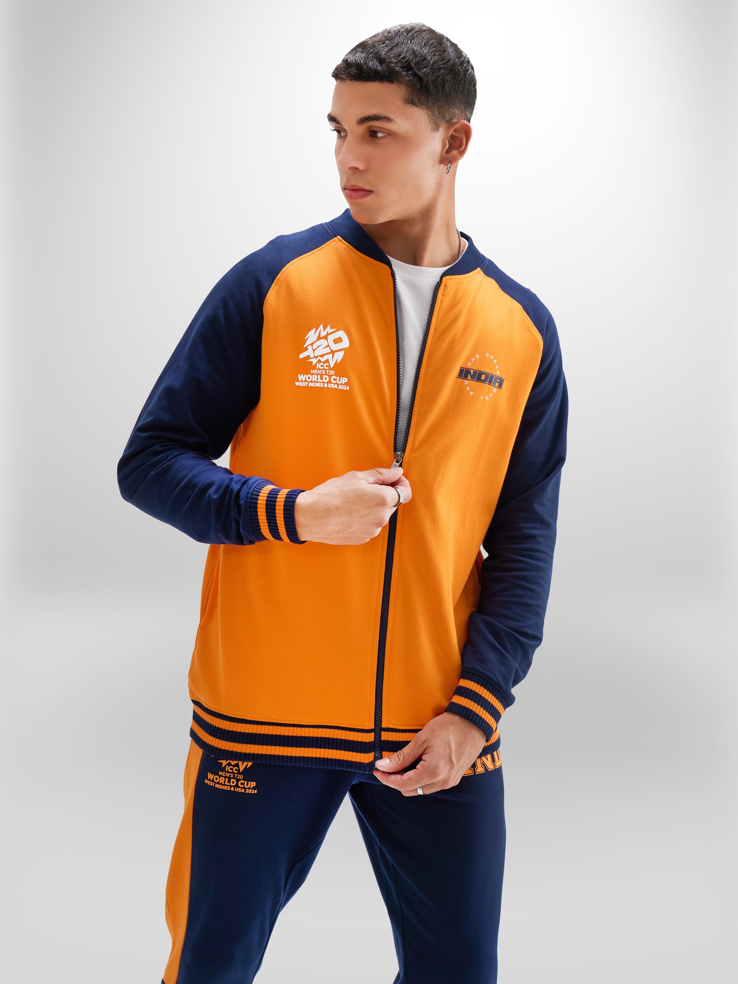 India ICC Men's T20 WC-24 Orange and Navy Blue Printed Full Sleeves Stand Collar Varsity Jacket (2)