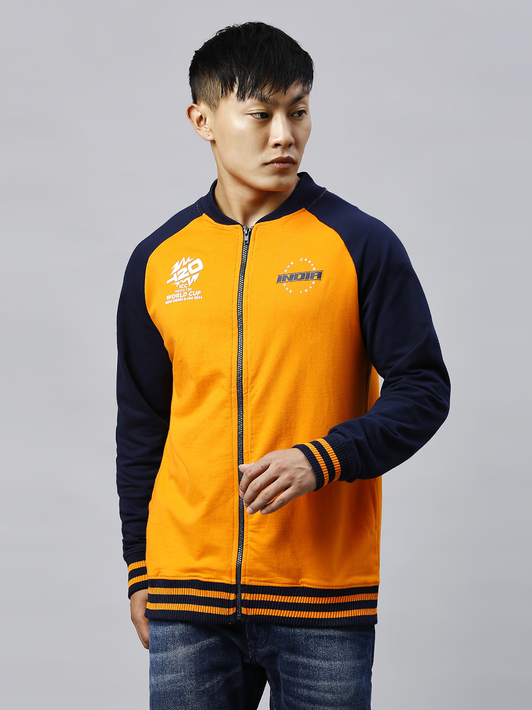 India ICC Men's T20 WC-24 Orange and Navy Blue Printed Full Sleeves Stand Collar Varsity Jacket (3)