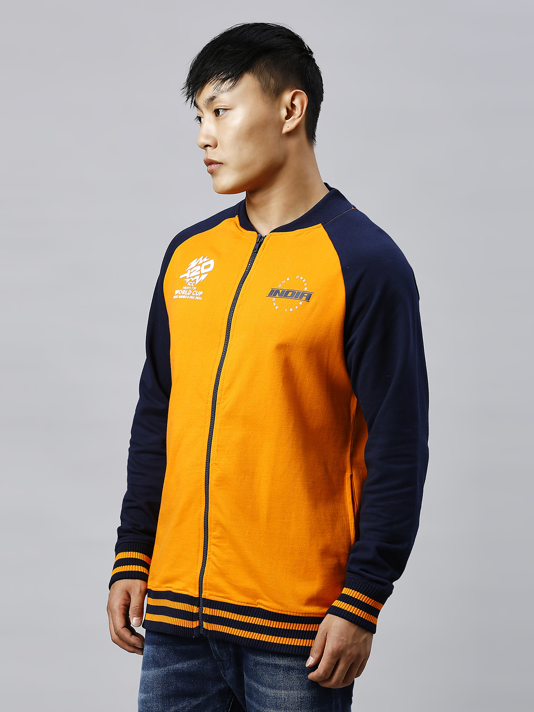 India ICC Men's T20 WC-24 Orange and Navy Blue Printed Full Sleeves Stand Collar Varsity Jacket (4)