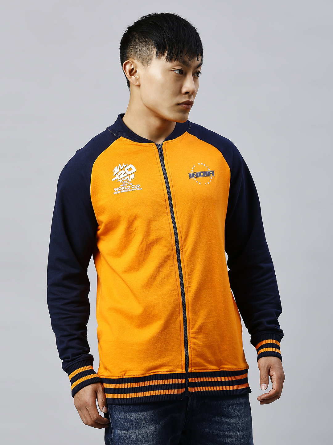 India ICC Men's T20 WC-24 Orange and Navy Blue Printed Full Sleeves Stand Collar Varsity Jacket (5)