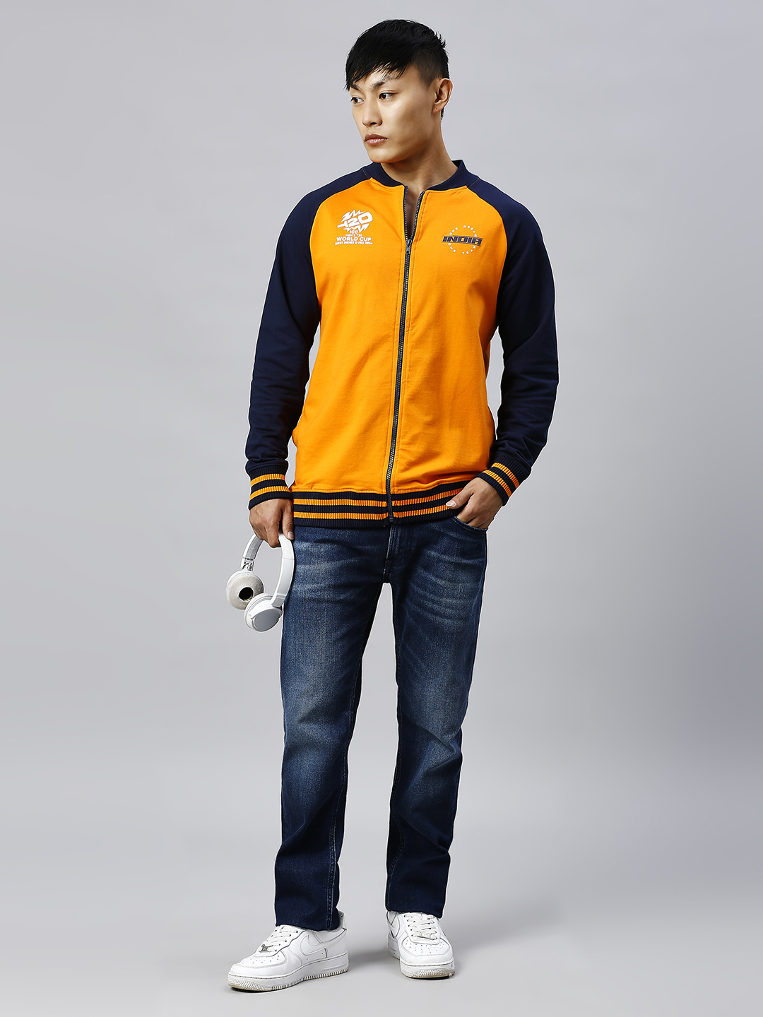 India ICC Men's T20 WC-24 Orange and Navy Blue Printed Full Sleeves Stand Collar Varsity Jacket (7)