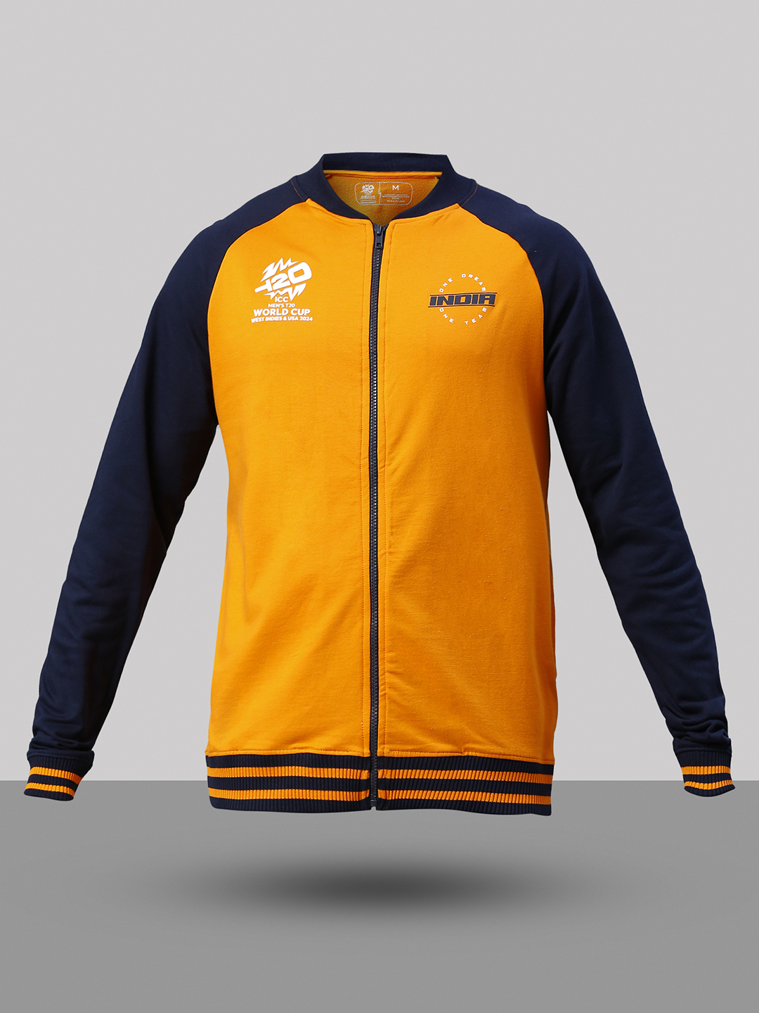 India ICC Men's T20 WC-24 Orange and Navy Blue Printed Full Sleeves Stand Collar Varsity Jacket (8)