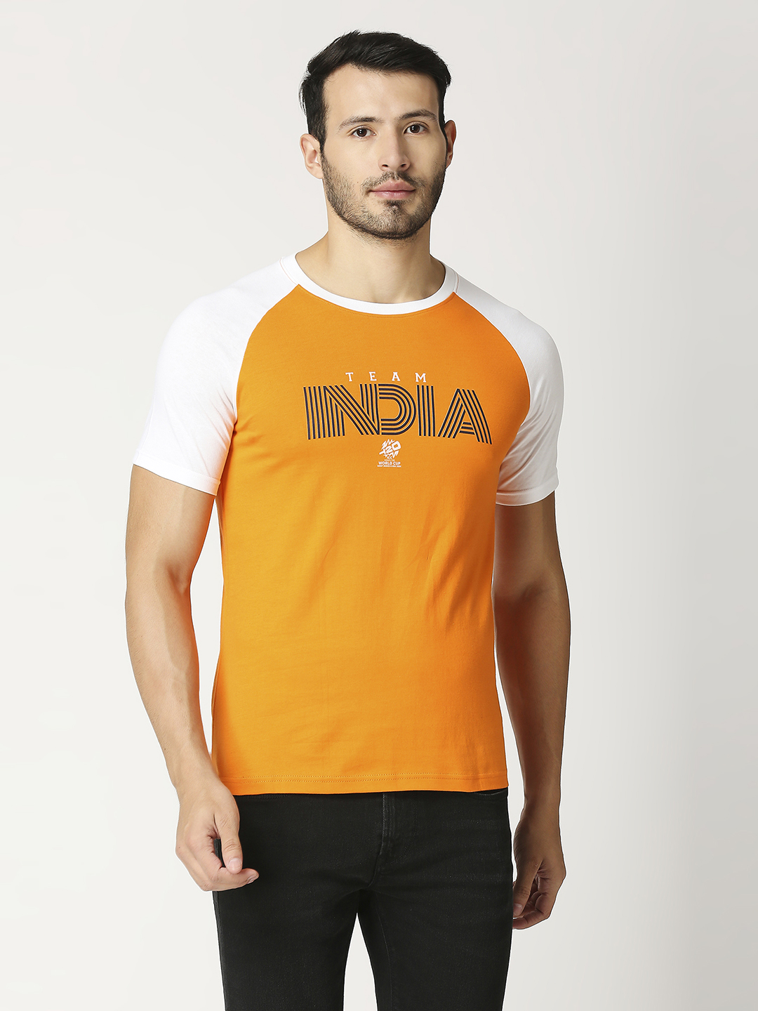 ICC Men's T20 WC-24 Orange and White Half Sleeves Round Neck Team India Cotton T-Shirt