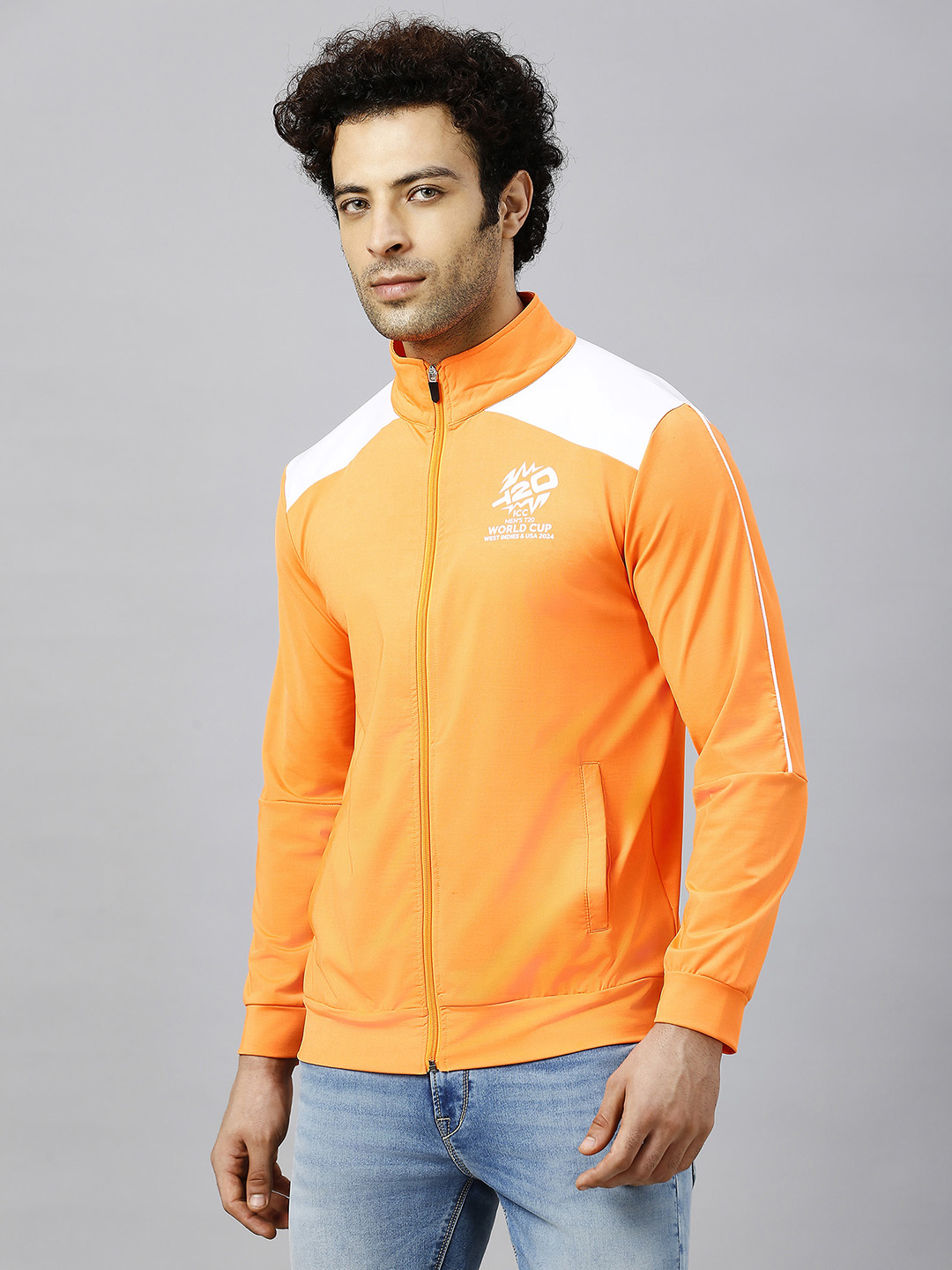 India ICC Men's T20 WC-24 Orange and White Printed Full Sleeves Stand Collor Dream Team Jacket (3)