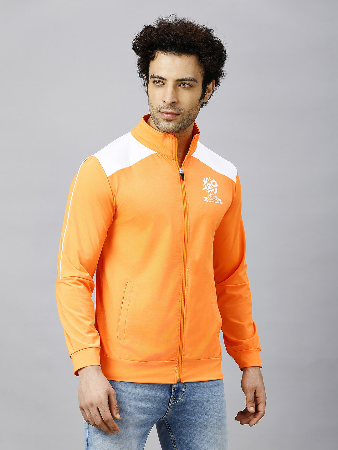 India ICC Men's T20 WC-24 Orange and White Printed Full Sleeves Stand Collor Dream Team Jacket (4)