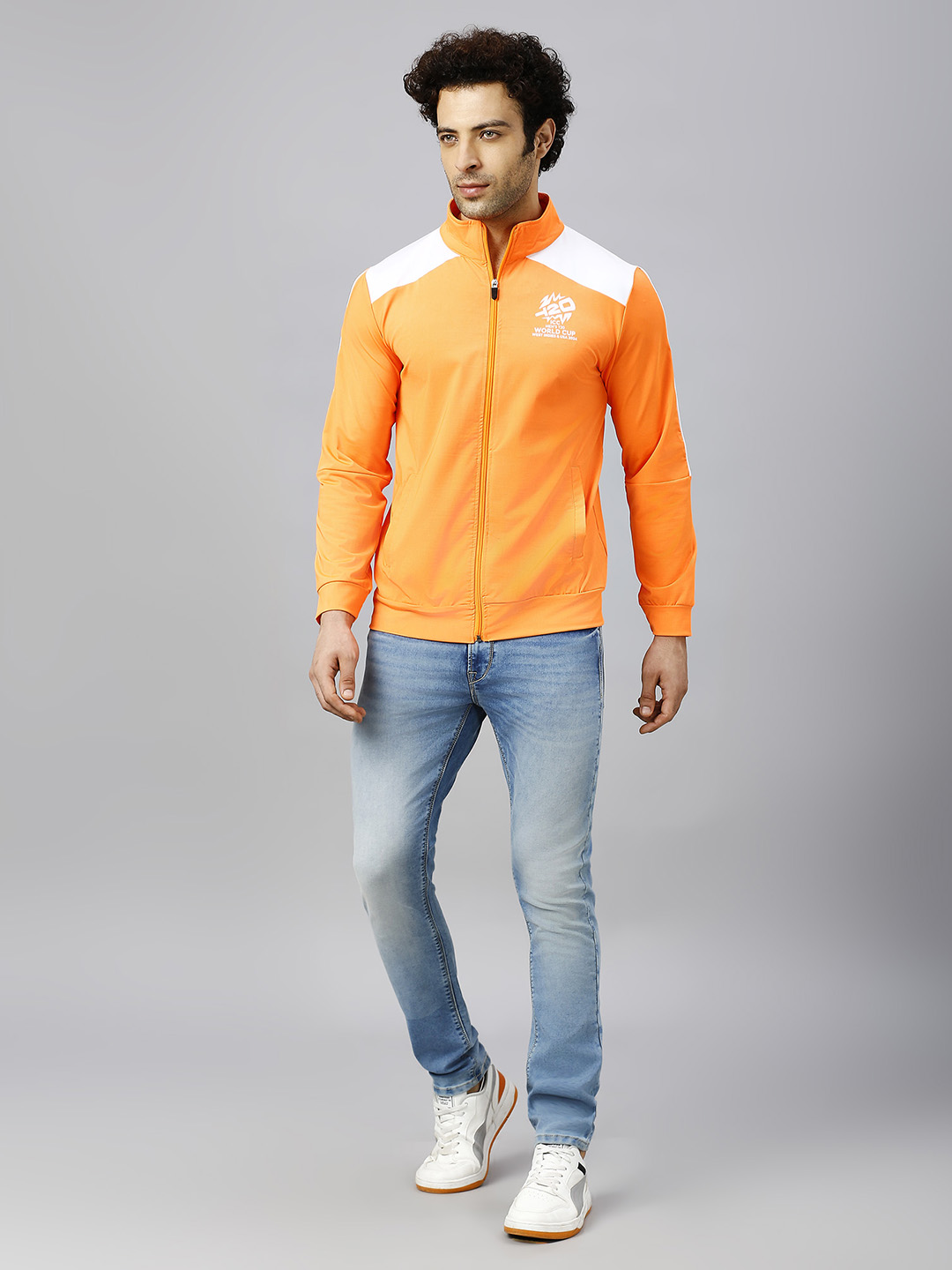 India ICC Men's T20 WC-24 Orange and White Printed Full Sleeves Stand Collor Dream Team Jacket (5)